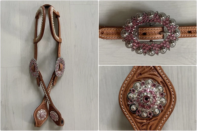 Einohr/Zweiohr oval Swarovski pearls flower tooling in russet mit Buckles crystal dots und Rhinestone Conchos crystal in pink