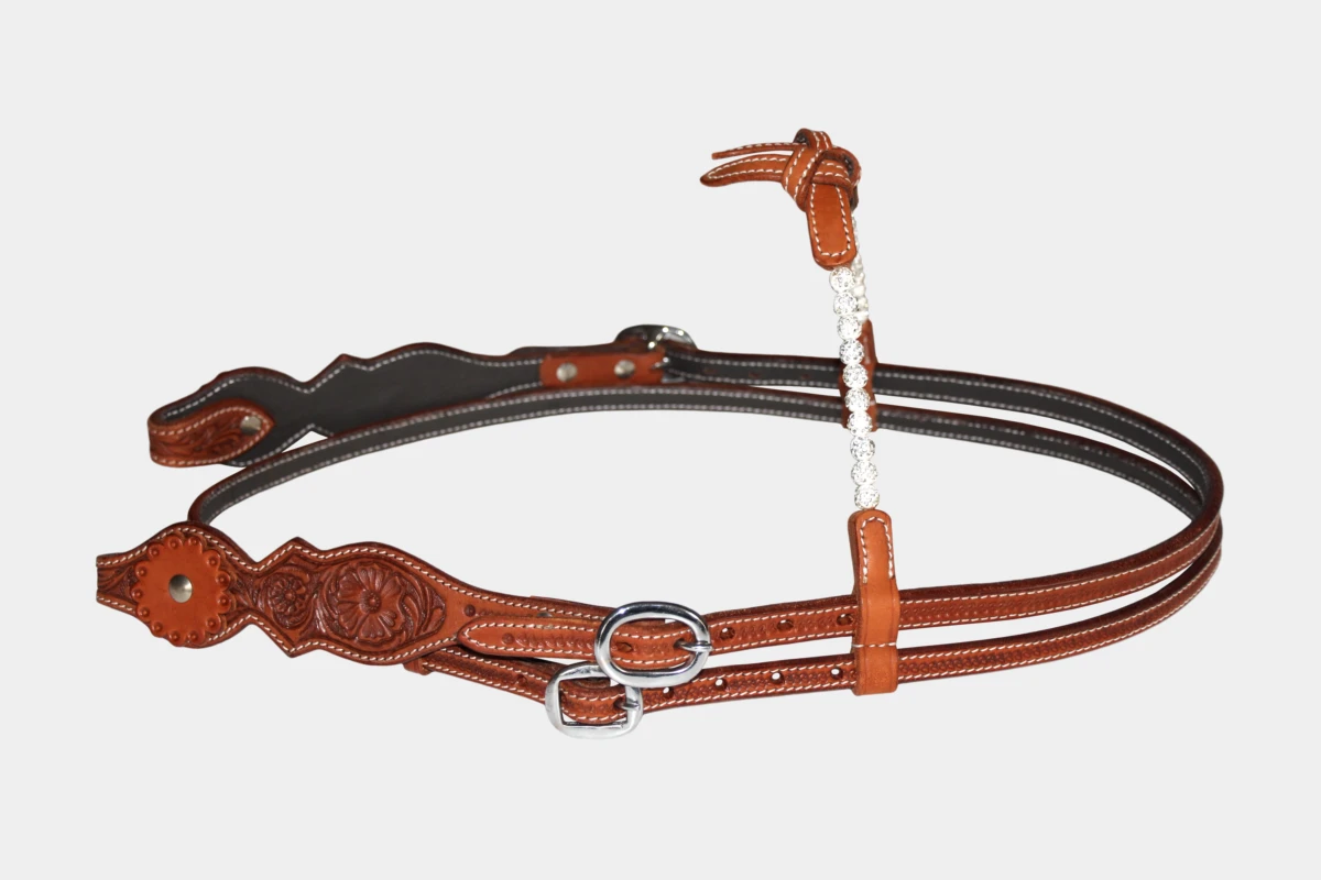 Cattlemans, GVR - Knotenstirnband large scalloped crystal balls flower tooling, Show, Westerntrense, Quarter Horse, knotted browband, Strass, chestnut