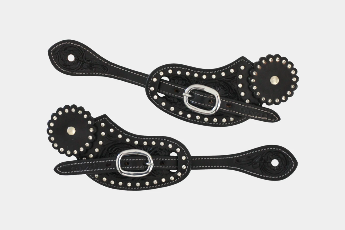 Cattlemans, GVR - Sporenriemen crystal white round flower tooling with leather concho, show, spur straps, Lederconchos, Strass, black Cattlemans, GVR - Sporenriemen crystal white round flower tooling with leather concho, show, spur straps, Lederconchos, Strass, black