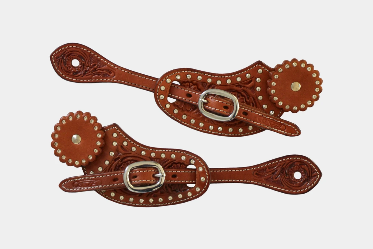 Cattlemans, GVR - Sporenriemen crystal white round flower tooling with leather concho, show, spur straps, Lederconchos, Strass, chestnut