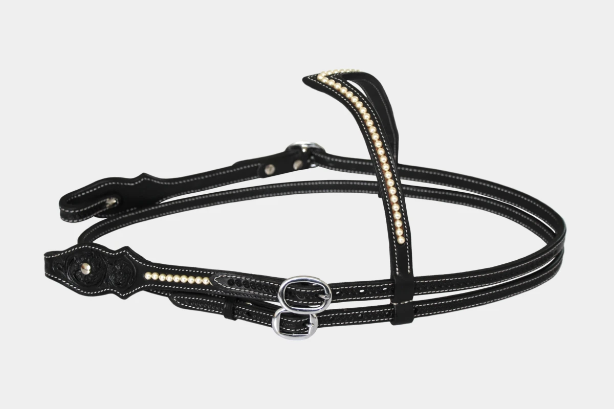 Cattlemans, GVR - V-Stirnband scalloped Swarovski pearls flower tooling, Show, Westerntrense, Quarter Horse, v-browband, Perlen, black Cattlemans, GVR - V-Stirnband scalloped Swarovski pearls flower tooling, Show, Westerntrense, Quarter Horse, v-browband, Perlen, black