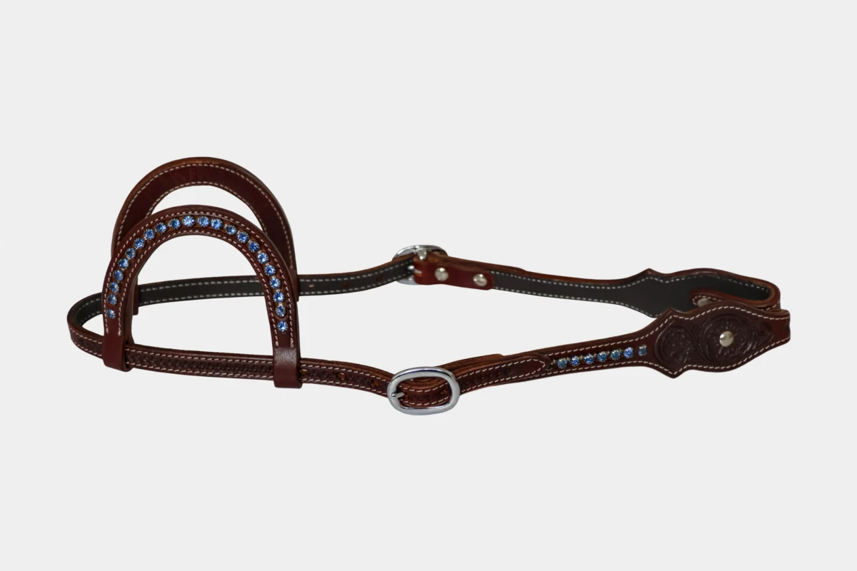 Cattlemans, GVR - Zweiohr scalloped crystal blue flower tooling, Show, Westerntrense, Quarter Horse, two ear, Strass, blau, dark chestnut