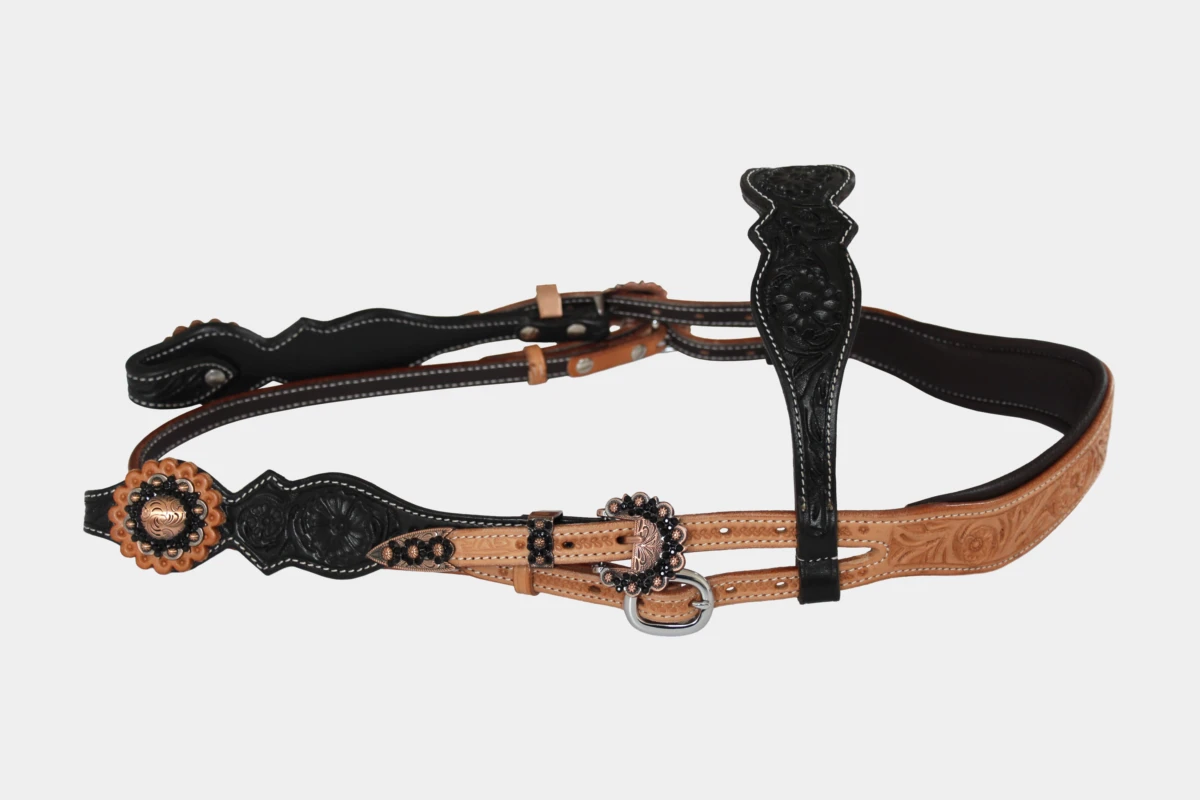 Cattlemans, GVR - Stirnband double large scalloped copper black flower tooling, Westerntrense, Quarter Horse, browband, russet, black Cattlemans, GVR - Stirnband double large scalloped copper black flower tooling, Westerntrense, Quarter Horse, browband, russet, black