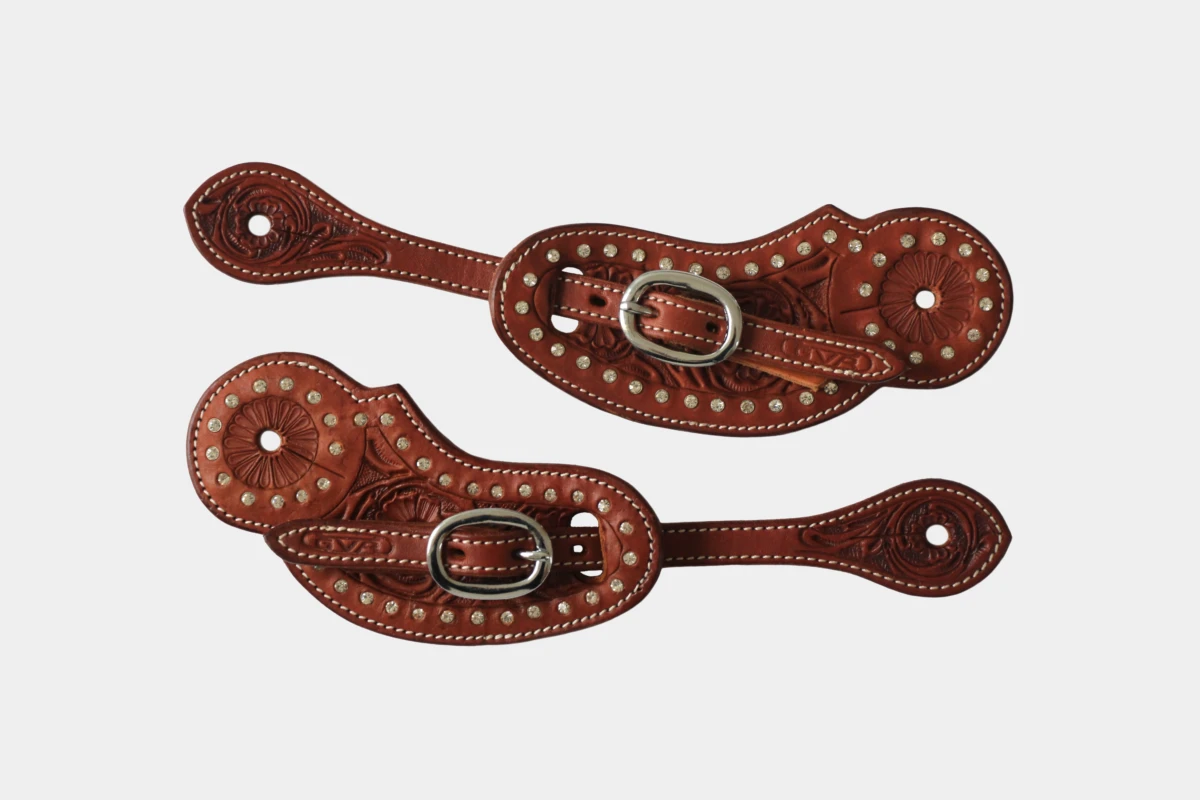 Cattlemans, GVR - Sporenriemen crystal white round flower tooling, show, spur straps, Strass, chestnut Cattlemans, GVR - Sporenriemen crystal white round flower tooling, show, spur straps, Strass, chestnut