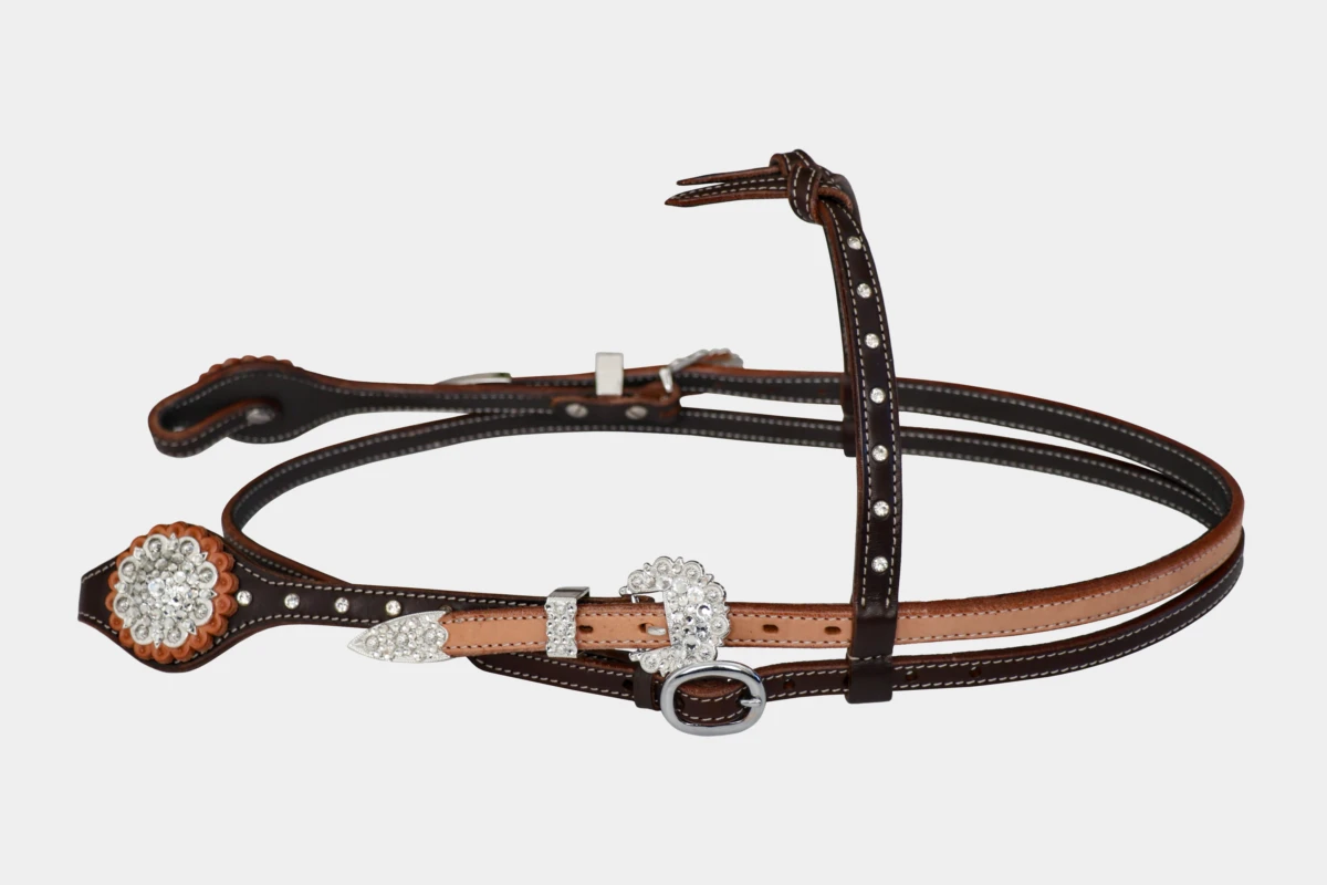 Cattlemans, GVR - Knotenstirnband futurity oval brown-russet crystal white, Westerntrense, Show, Quarter Horse, sadesa leather, leder, knotted browband, Strasssteine, weiss