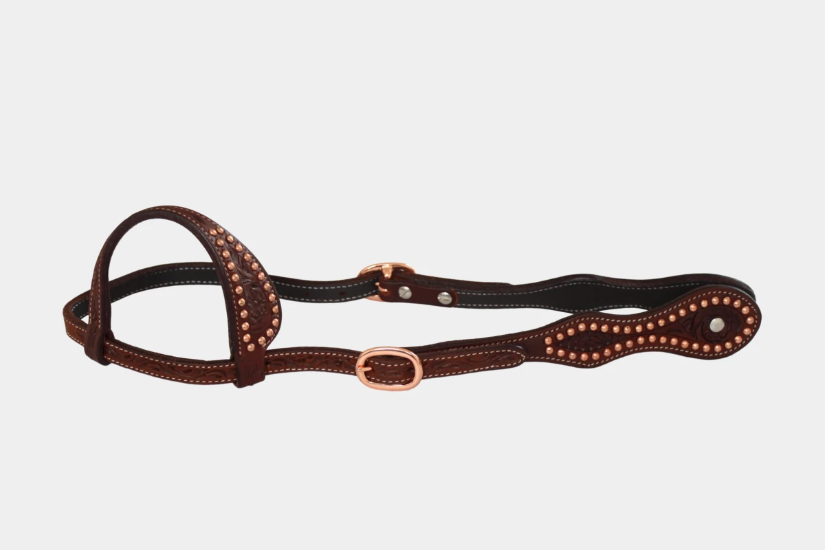 Cattlemans, GVR - Einohr double round curved rose gold dots flower tooling, Westerntrense, Quarter Horse, one ear, Kupfer, dark chestnut Cattlemans, GVR - Einohr double round curved rose gold dots flower tooling, Westerntrense, Quarter Horse, one ear, Kupfer, dark chestnut
