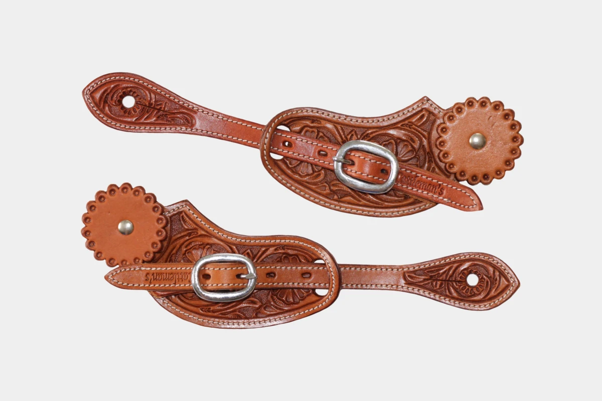 Cattlemans, GVR - Sporenriemen round flower tooling with leather concho, spur straps, Leder, chestnut