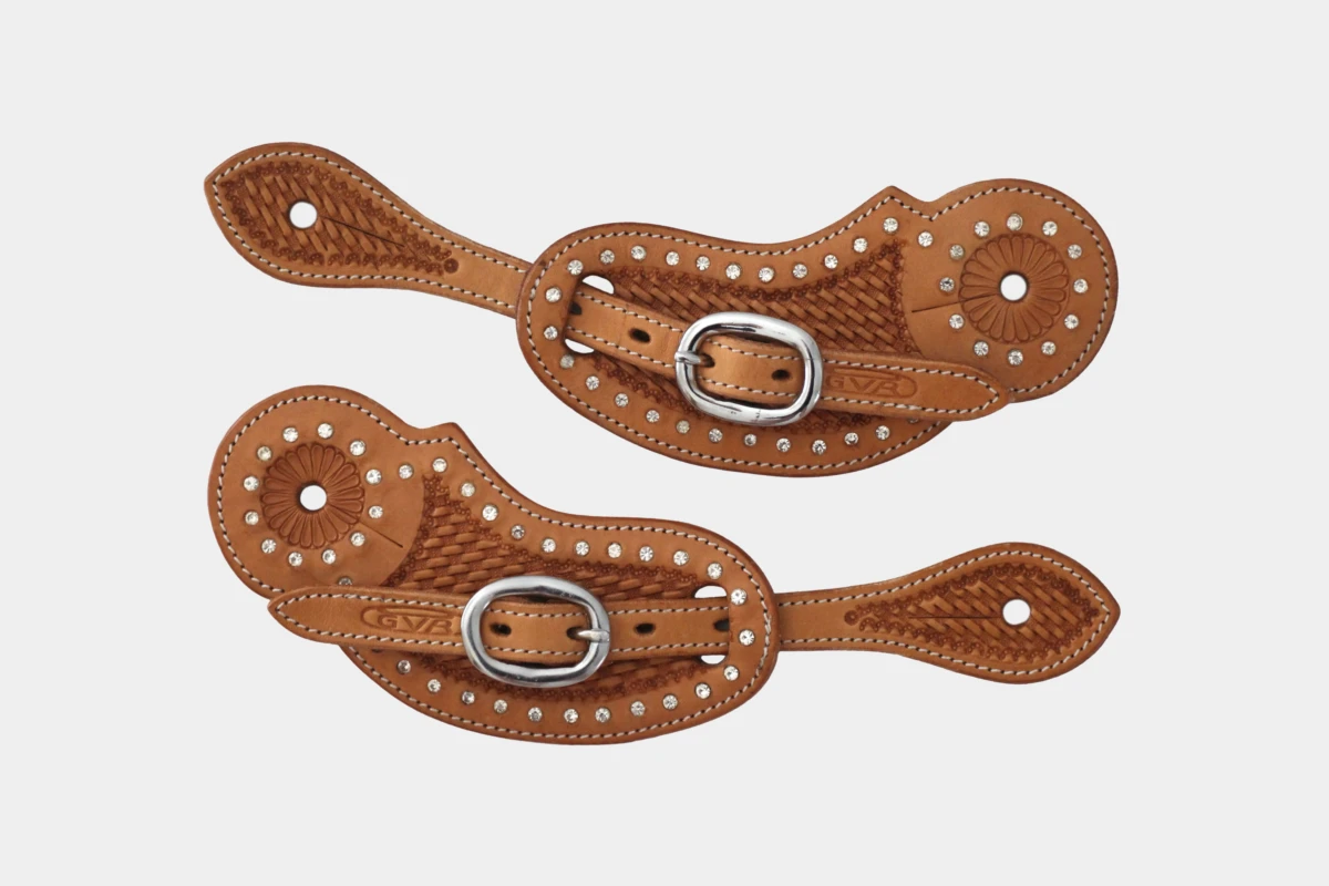 Cattlemans, GVR - Sporenriemen crystal white round basket tooling, show, spur straps, Strass, russet Cattlemans, GVR - Sporenriemen crystal white round basket tooling, show, spur straps, Strass, russet