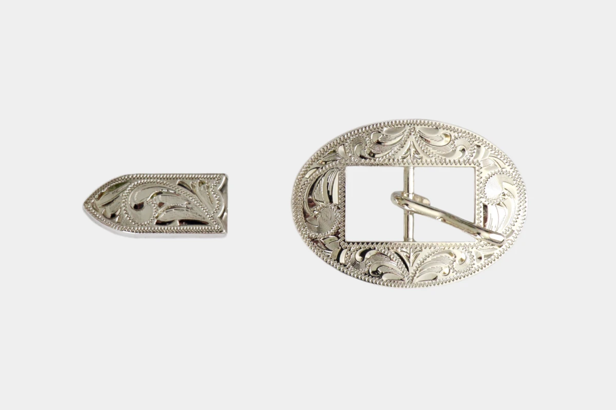 Cattlemans, GVR - Buckle set silver oval, graviert, Schnalle, Tip, engraved, German Silber