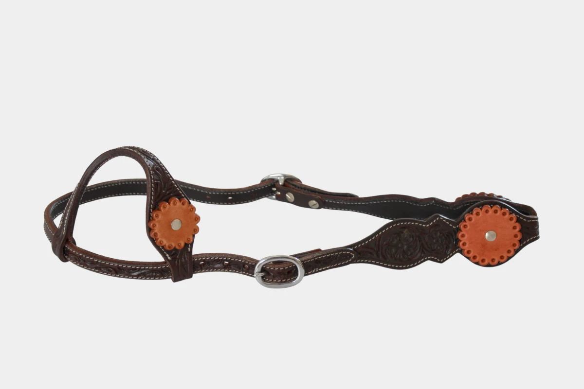 Cattlemans, GVR - Einohr double big scalloped flower tooling, contrasting leather Conchos, Westerntrense, Quarter Horse, one ear, brown Cattlemans, GVR - Einohr double big scalloped flower tooling, contrasting leather Conchos, Westerntrense, Quarter Horse, one ear, brown