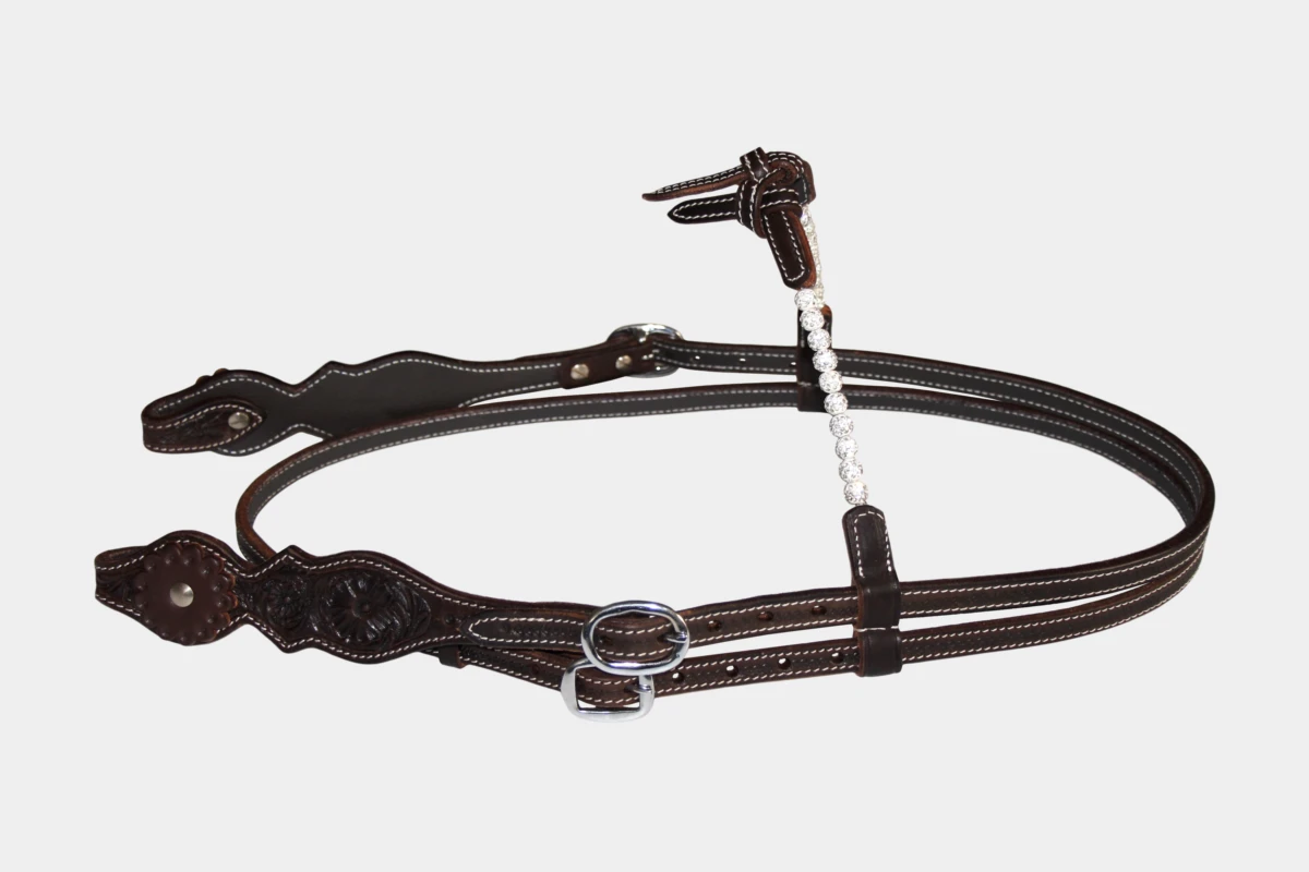 Cattlemans, GVR - Knotenstirnband large scalloped crystal balls flower tooling, Show, Westerntrense, Quarter Horse, knotted browband, Strass, brown