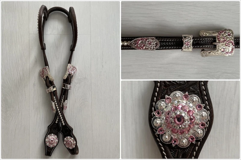 Einohr/Zweiohr scalloped Swarovski pearls flower tooling in brown mit Buckle Sets crystal und Rhinestone Concho crystal in pink