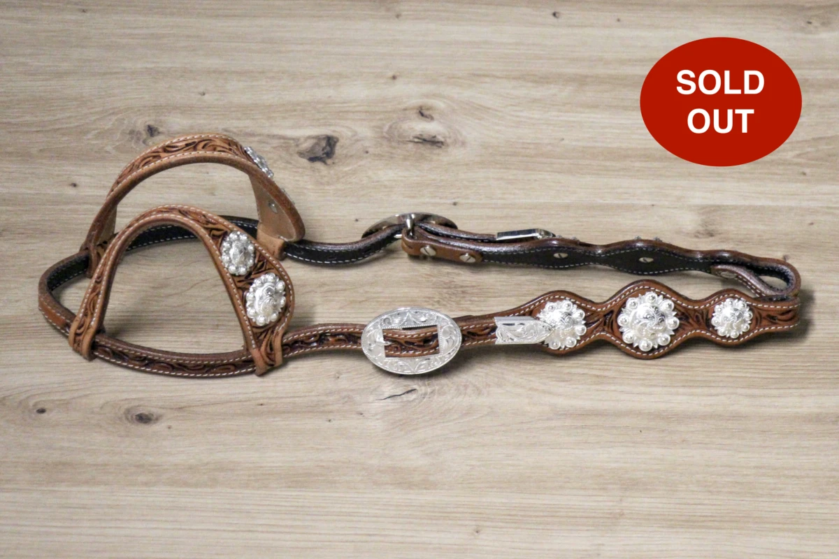 Cattlemans, GVR - Unique Show Zweiohr antique chestnut fivefold and Buckle Sets silver oval, Westerntrense, Quarter Horse, two ear