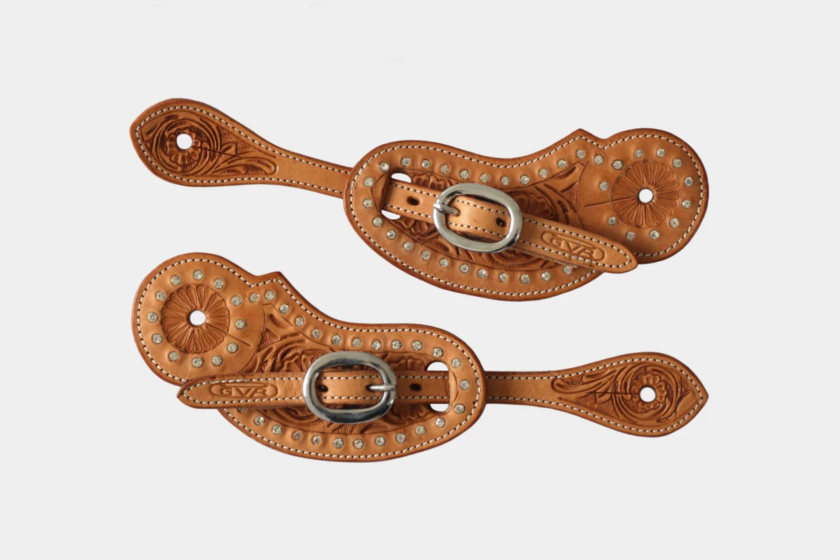 Cattlemans, GVR - Sporenriemen crystal white round flower tooling, show, spur straps, Strass, russet Cattlemans, GVR - Sporenriemen crystal white round flower tooling, show, spur straps, Strass, russet