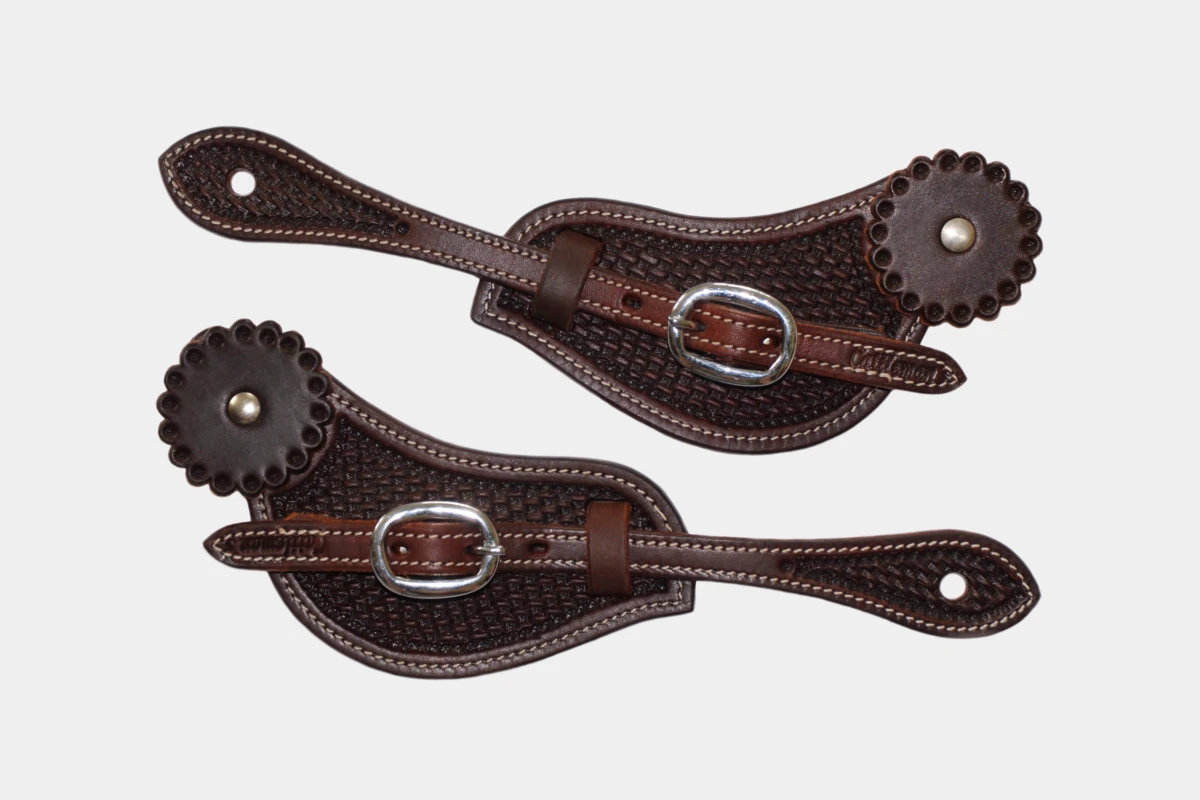 Cattlemans, GVR - Sporenriemen curved basket tooling with leather concho, spur straps, Leder, dark chestnut