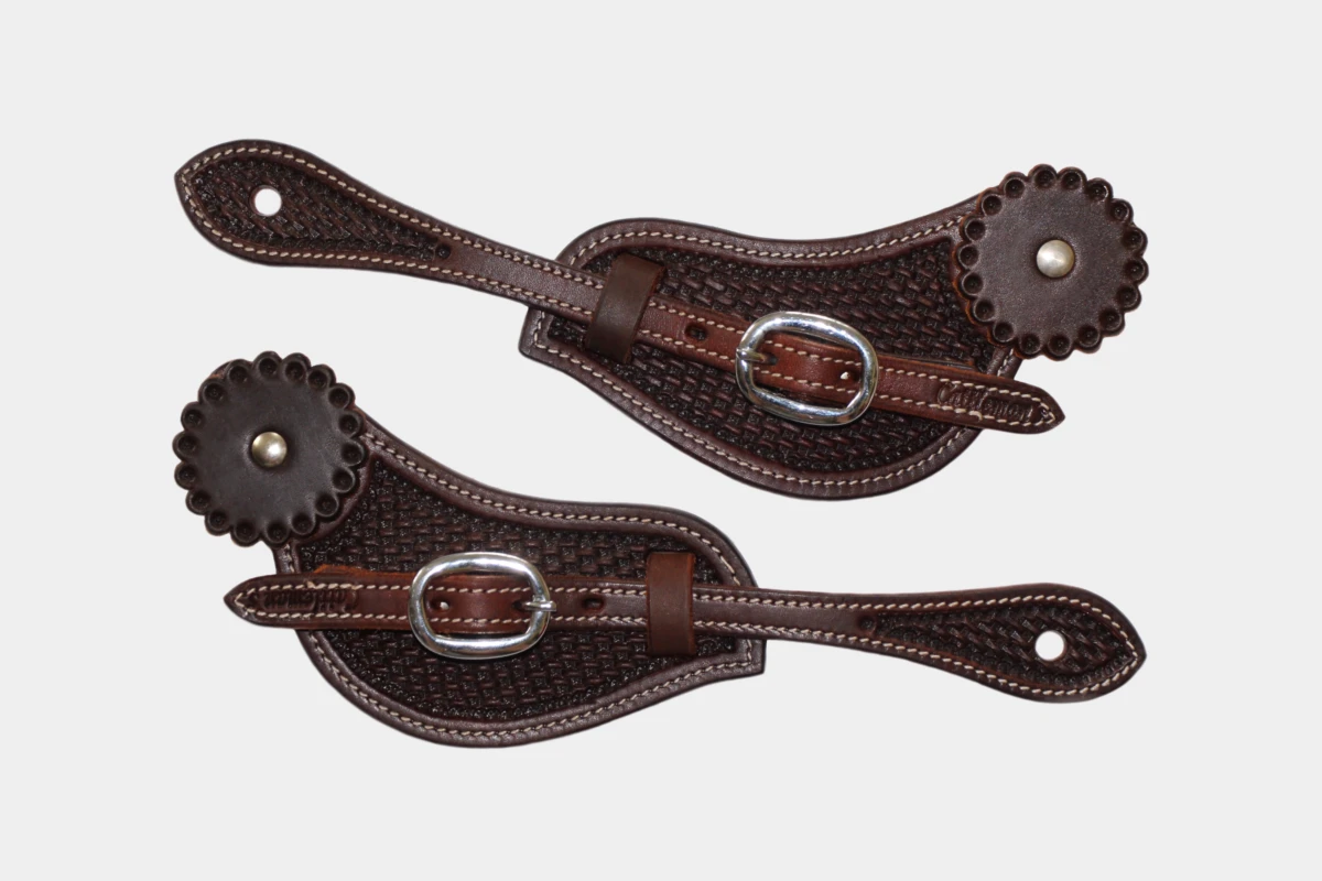 Sporenriemen curved basket tooling with leather concho Sporenriemen curved basket tooling with leather concho