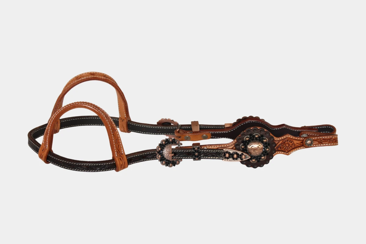 Cattlemans, GVR - Zweiohr round crystal copper black flower tooling, Westerntrense, Quarter Horse, two ear, Strass, brown, russet Cattlemans, GVR - Zweiohr round crystal copper black flower tooling, Westerntrense, Quarter Horse, two ear, Strass, brown, russet
