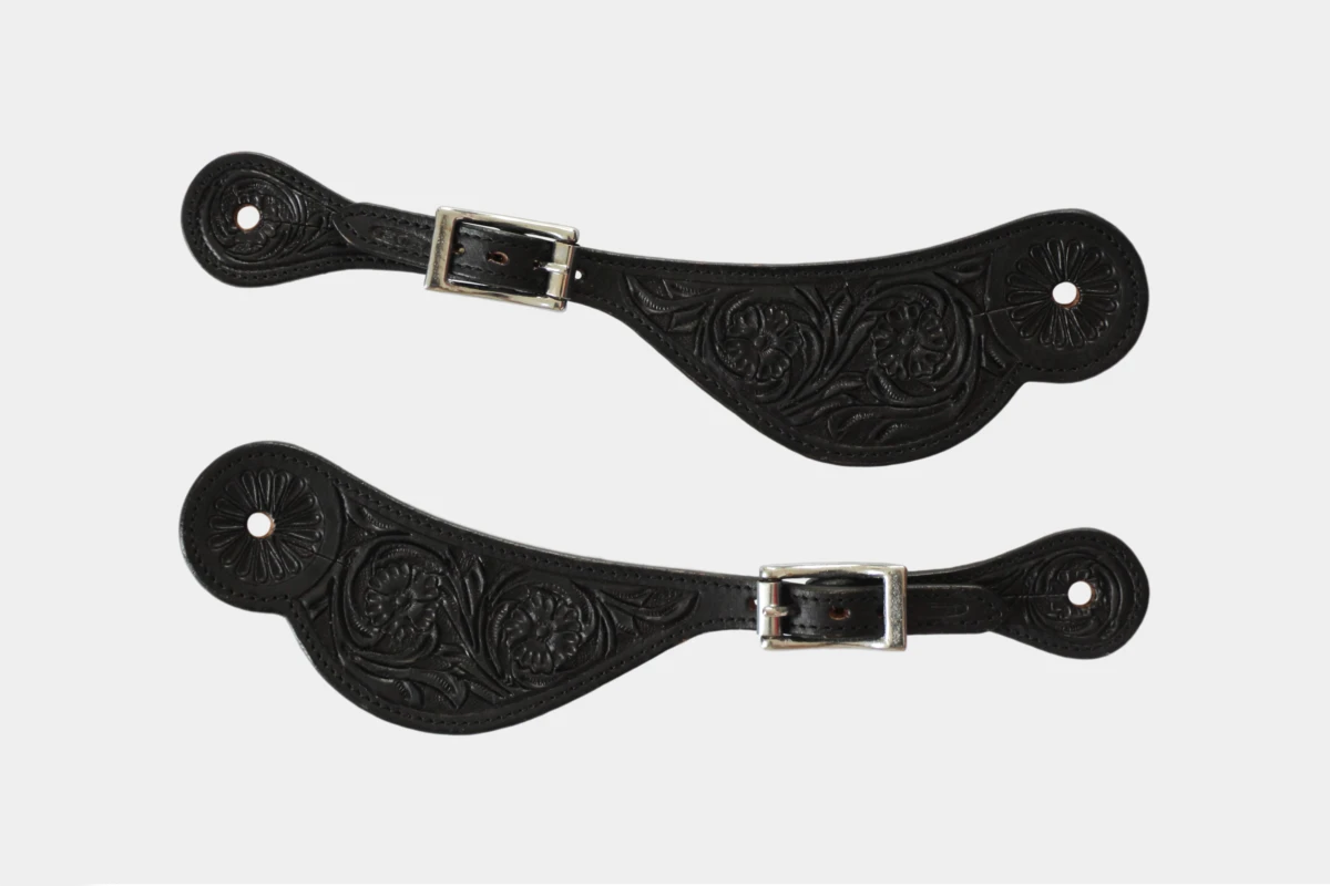 Cattlemans, GVR - Sporenriemen flower tooling, spur straps, Leder, leather, black