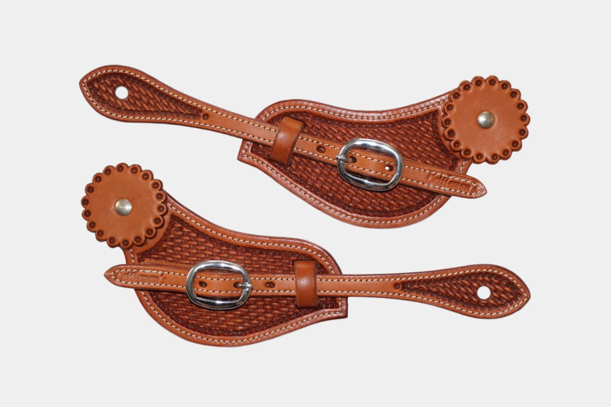 Cattlemans, GVR - Sporenriemen curved basket tooling with leather concho, spur straps, Leder, chestnut