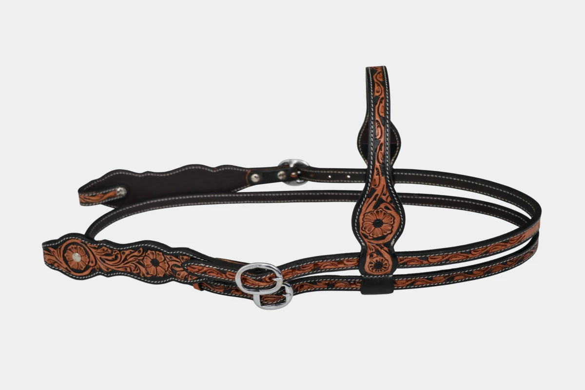 Cattlemans, GVR - Stirnband double round scalloped two tone flower tooling, Westerntrense, Quarter Horse, browband, russet, black