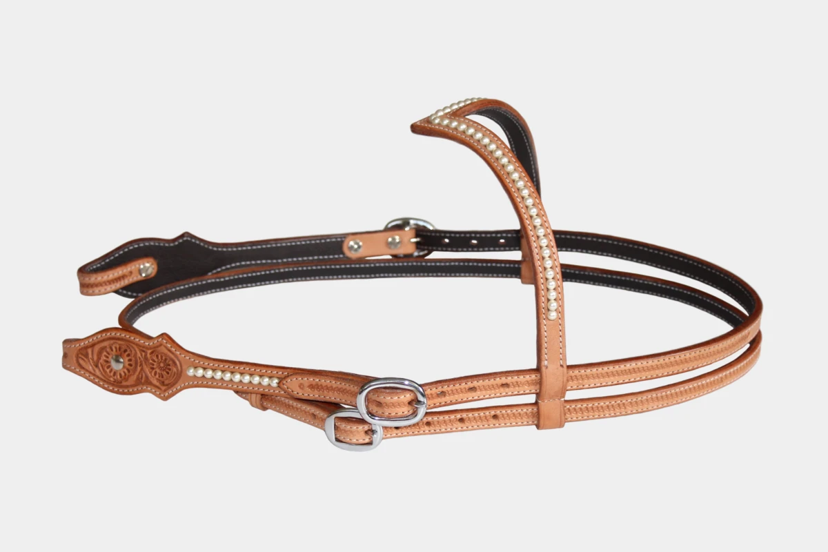 Cattlemans, GVR - V-Stirnband scalloped Swarovski pearls flower tooling, Show, Westerntrense, Quarter Horse, v-browband, Perlen, russet Cattlemans, GVR - V-Stirnband scalloped Swarovski pearls flower tooling, Show, Westerntrense, Quarter Horse, v-browband, Perlen, russet