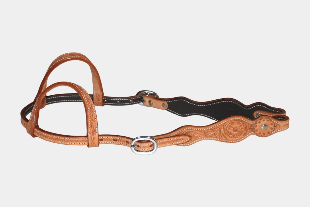Cattlemans, GVR - Zweiohr curved flower tooling with leather concho, Westerntrense, Quarter Horse, two ear, russet