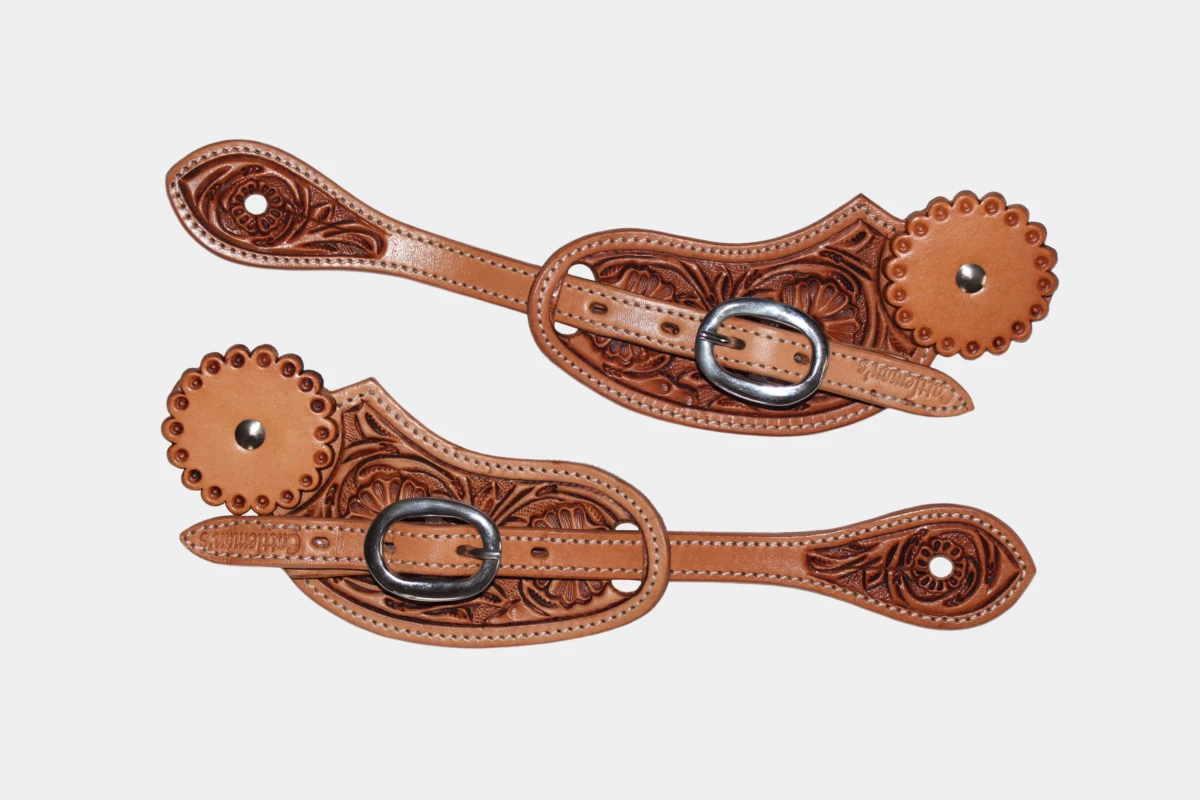 Cattlemans, GVR - Sporenriemen round flower tooling with leather concho, spur straps, Leder, antique russet