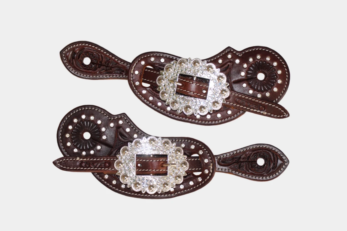 Cattlemans, GVR - Sporenriemen crystal dots white round flower tooling, spur straps, Strass, weiß, dark chestnut Cattlemans, GVR - Sporenriemen crystal dots white round flower tooling, spur straps, Strass, weiß, dark chestnut