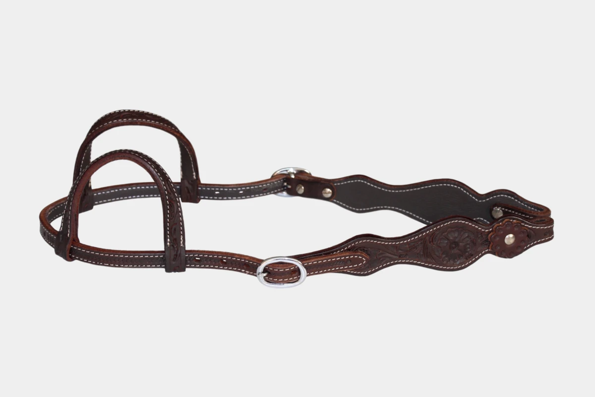 Cattlemans, GVR - Zweiohr curved flower tooling with leather concho, Westerntrense, Quarter Horse, two ear, brown