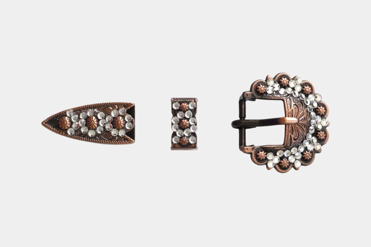 Cattlemans, GVR - Buckle set crystal round copper white, loop, tip, Schnalle, Kupfer, weiß Cattlemans, GVR - Buckle set crystal round copper white, loop, tip, Schnalle, Kupfer, weiß