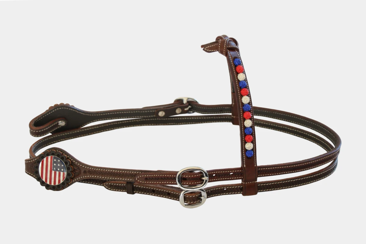 Cattlemans, GVR - Knotenstirnband oval basket tooling with leather concho, USA Design, Westerntrense, Quarter Horse, knotted browband, leather concho, brown