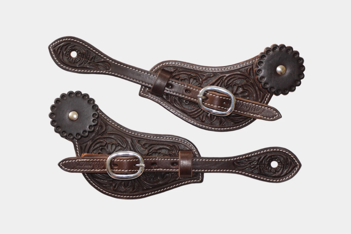 Cattlemans, GVR - Sporenriemen curved flower tooling with leather concho, spur straps, Leder, brown