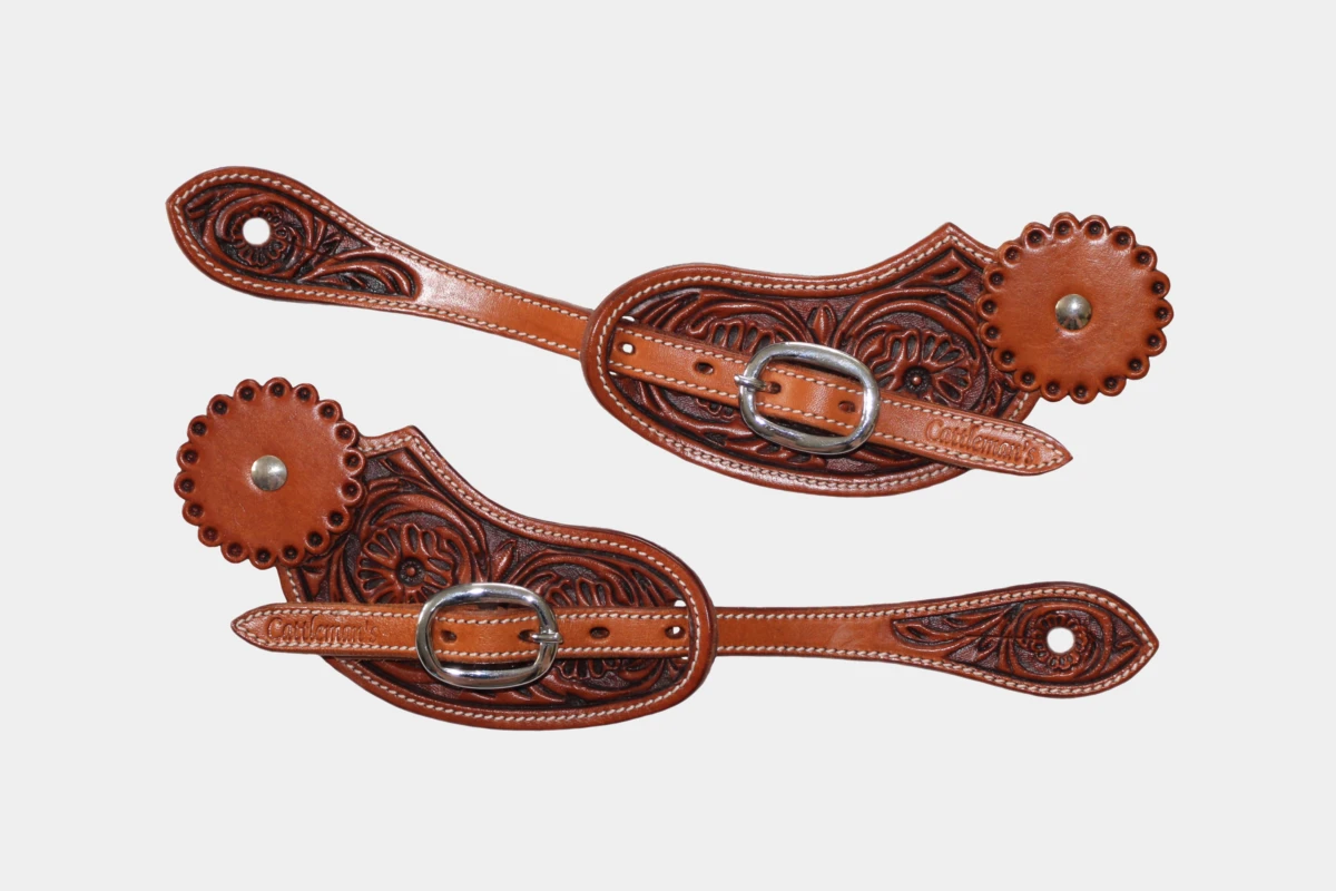 Cattlemans, GVR - Sporenriemen round flower tooling with leather concho, spur straps, Leder, antique chestnut