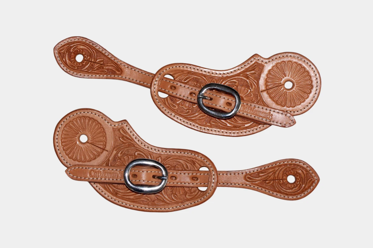 Cattlemans, GVR - Sporenriemen round flower tooling, spur straps, Leder, leather, russet Cattlemans, GVR - Sporenriemen round flower tooling, spur straps, Leder, leather, russet