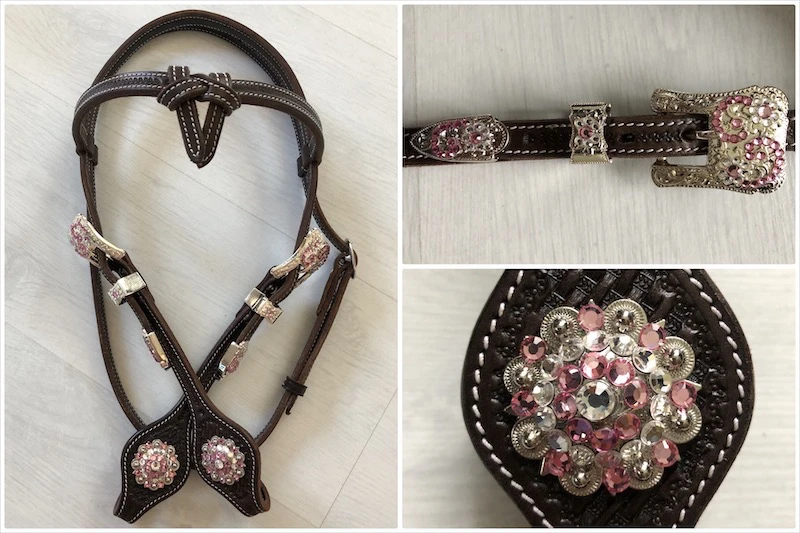Knotenstirnband oval basket tooling in brown mit Buckle Sets crystal und Rhinestone Conchos crystal in pink