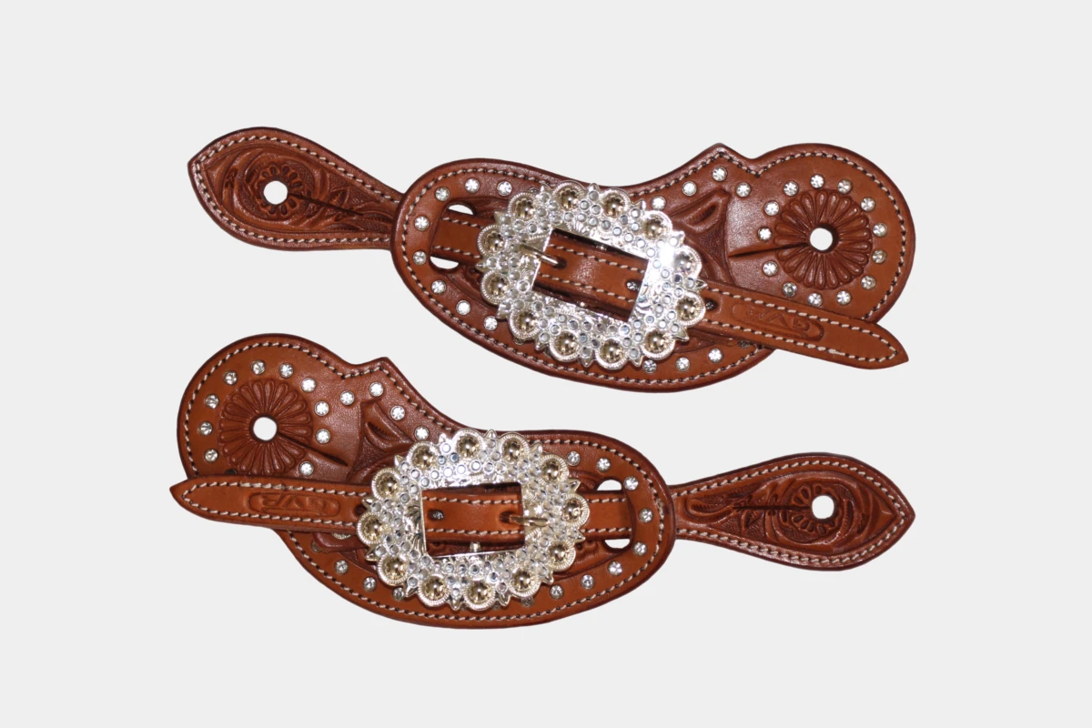 Cattlemans, GVR - Sporenriemen crystal dots white round flower tooling, spur straps, Strass, weiß, chestnut Cattlemans, GVR - Sporenriemen crystal dots white round flower tooling, spur straps, Strass, weiß, chestnut