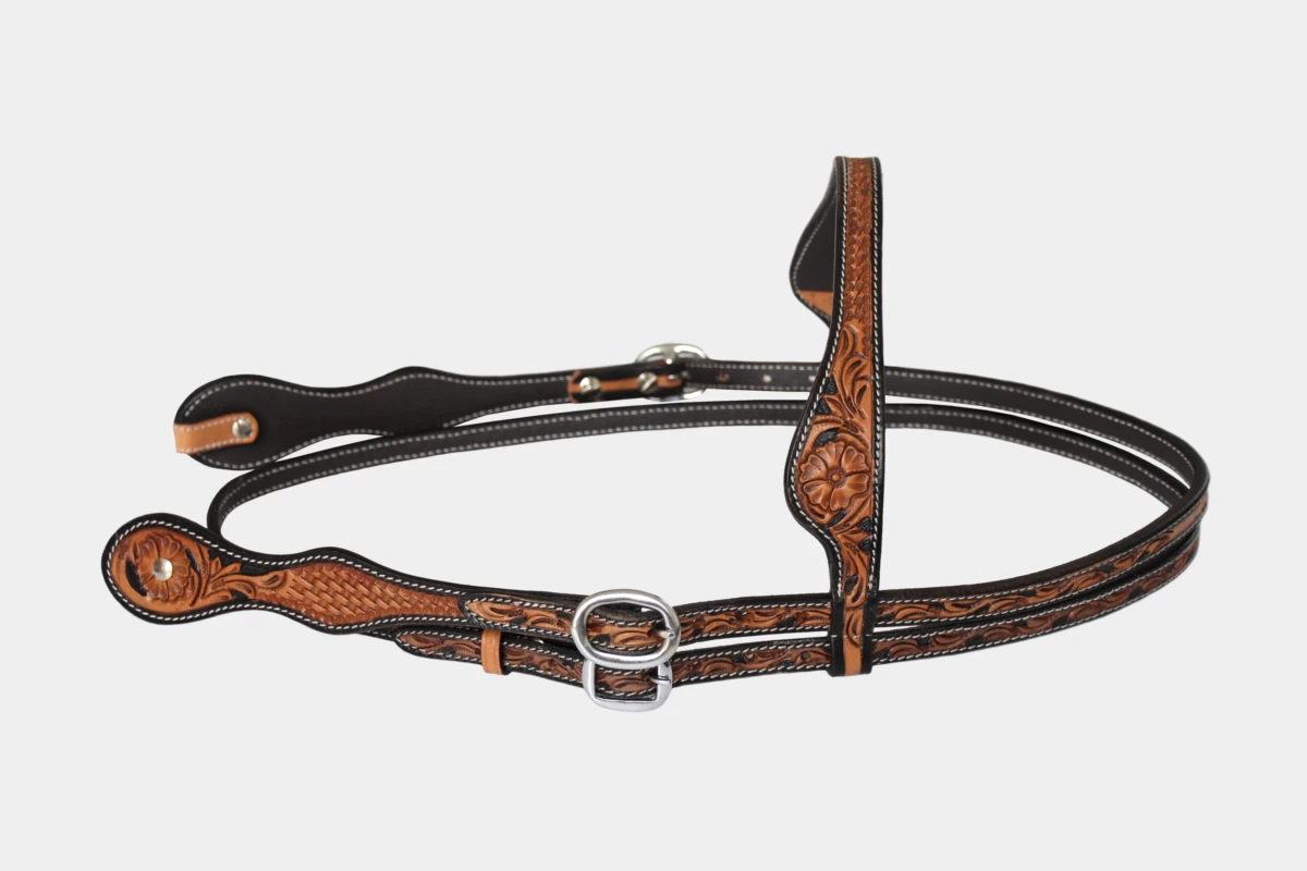 Cattlemans, GVR - Stirnband double round two tone combo tooling, Westerntrense, Quarter Horse, browband, antique russet, brown