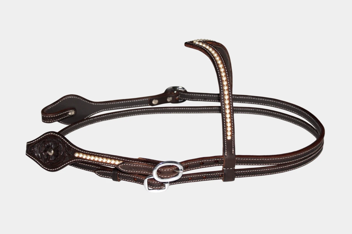 Cattlemans, GVR - V-Stirnband oval Swarovski pearls flower tooling, Show, Westerntrense, Quarter Horse, v-browband, Perlen, brown Cattlemans, GVR - V-Stirnband oval Swarovski pearls flower tooling, Show, Westerntrense, Quarter Horse, v-browband, Perlen, brown