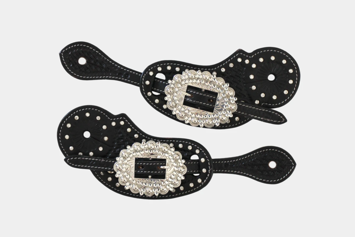 Cattlemans, GVR - Sporenriemen crystal dots white round basket tooling, Show, spur straps, Strass, black Cattlemans, GVR - Sporenriemen crystal dots white round basket tooling, Show, spur straps, Strass, black