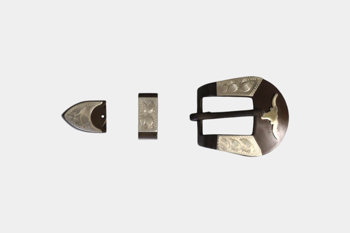 Cattlemans, GVR - Brown steel buckle set longhorn, loop, tip, Schnalle, braun, Stahl Cattlemans, GVR - Brown steel buckle set longhorn, loop, tip, Schnalle, braun, Stahl