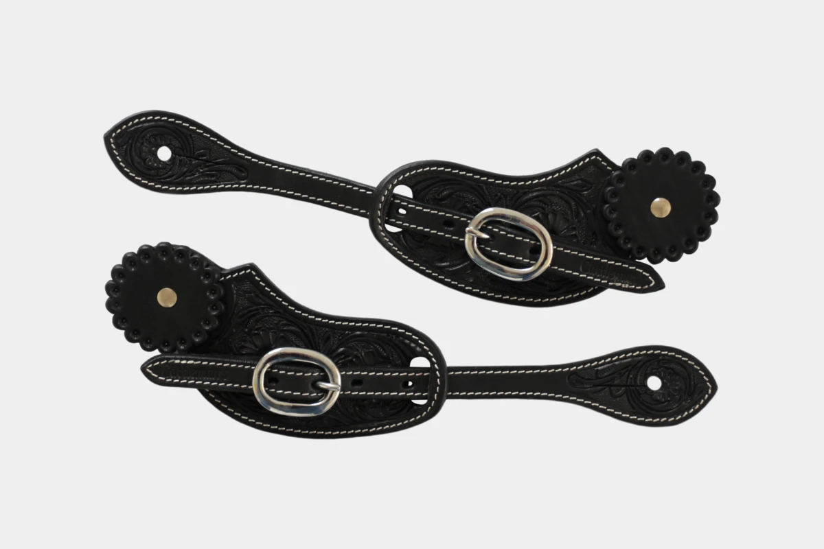 Cattlemans, GVR - Sporenriemen round flower tooling with leather concho, spur straps, Leder, black Cattlemans, GVR - Sporenriemen round flower tooling with leather concho, spur straps, Leder, black