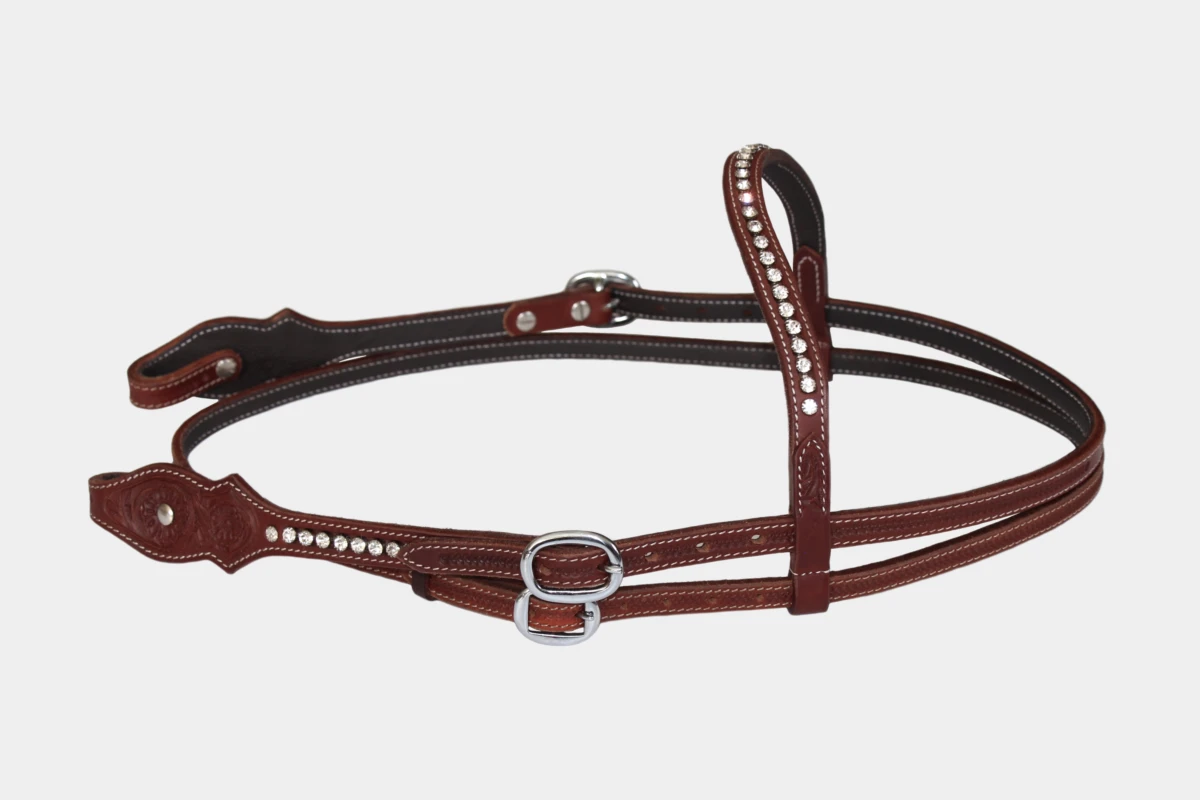 Cattlemans, GVR - Stirnband scalloped crystal white flower tooling, Show, Westerntrense, Quarter Horse, browband, Strass, weiß, dark chestnut