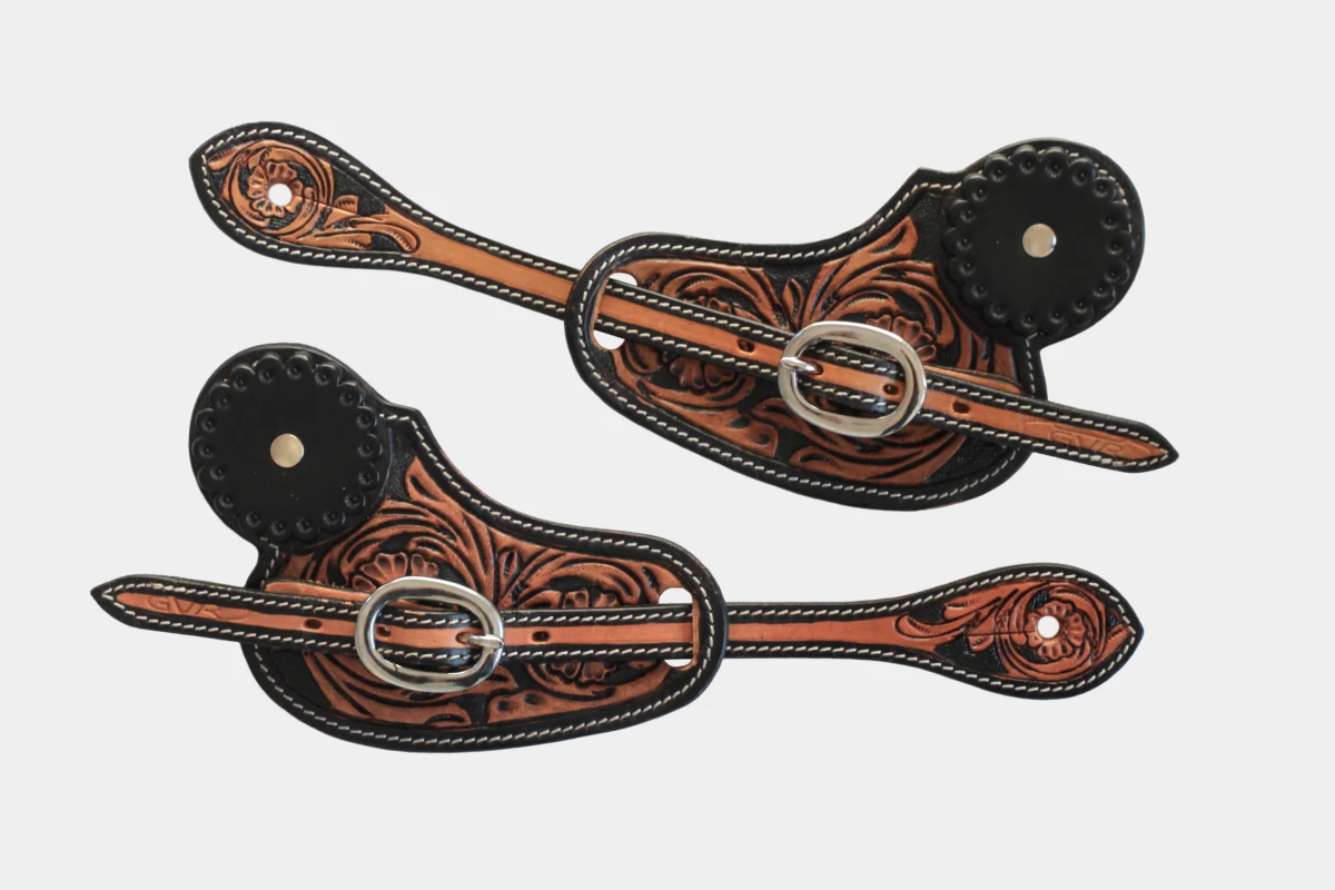 Cattlemans, GVR - Sporenriemen round two tone flower tooling with leather concho, unisex, lederconcho, Leder, leather, schwarz, antique russet