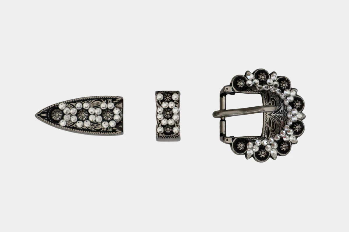 Cattlemans, GVR - Buckle set crystal round antique white, loop, tip, Schnalle, Strass, weiss