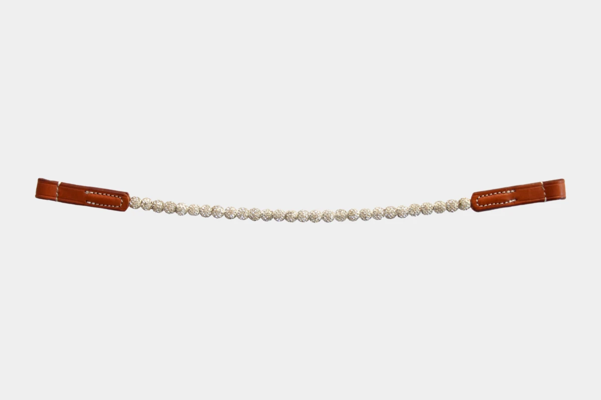 Cattlemans, GVR - Stirnriemen crystal white balls, browband, Strass, leather, Leder, weiß, chestnut