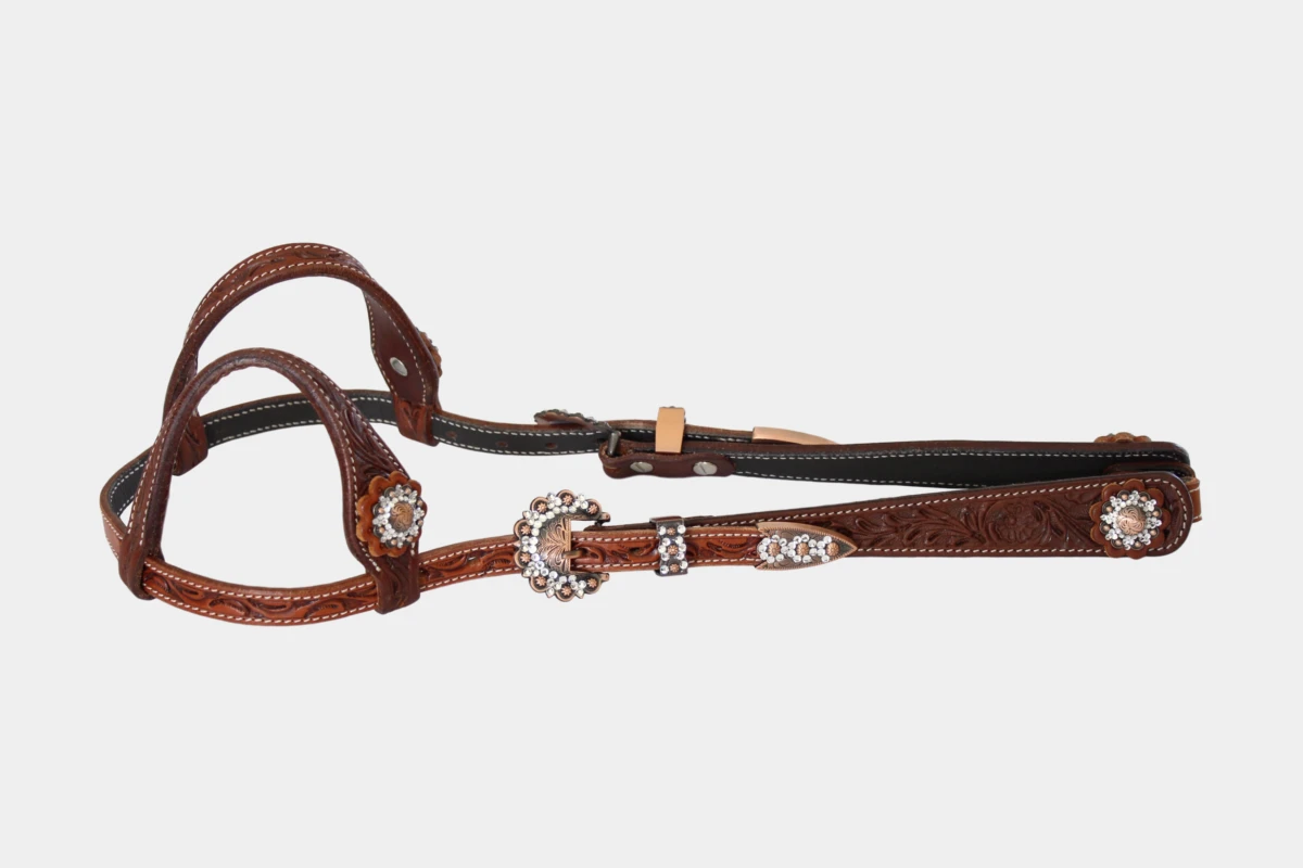 Cattlemans, GVR - Zweiohr small round teardrop crystal copper white flower tooling, Westerntrense, Quarter Horse, two ear, antique chestnut Cattlemans, GVR - Zweiohr small round teardrop crystal copper white flower tooling, Westerntrense, Quarter Horse, two ear, antique chestnut